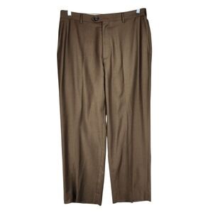 Santorelli Dress Pant Trouser 34x28 Men Luxury Serge Brown Wool Flat Front Italy